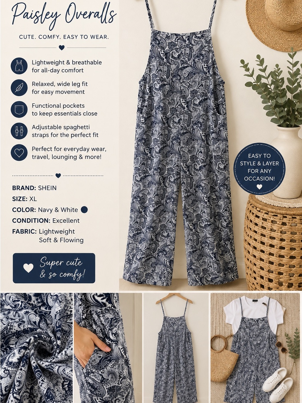 SHEIN Navy & White Paisley Wide-Leg Jumpsuit